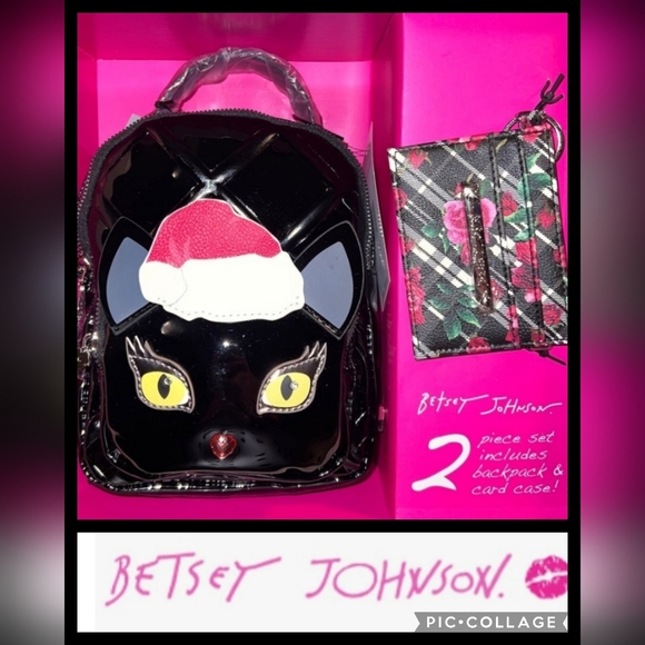 Betsey Johnson " BLACK PATENT CHRISTMAS 2022 CAT” MINI BACKPACK SET Collectable - Picture 1 of 10